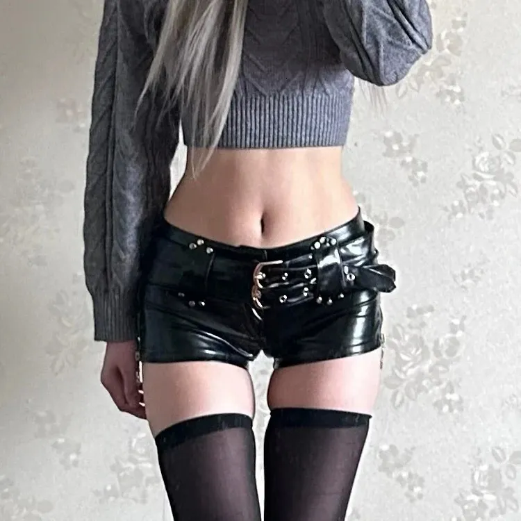 192# sexy low waist PU leather pants artificial lederhosen summer elastic belt casual shorts women 240407
