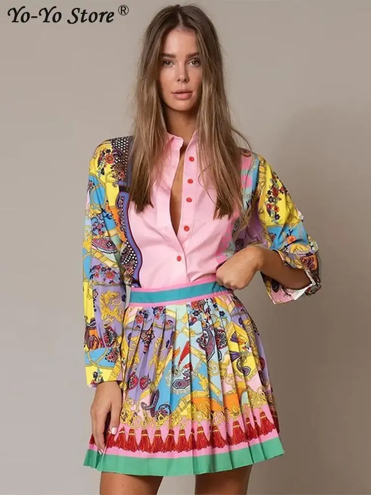 Summer Skirt Sets: Womens Pink Lantern Sleeve Shirt Pleated Mini