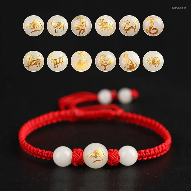 Braceletas Charm 2024 Beads de zodiaco de estilo chino Buena suerte Cadena roja para mujeres Joyería de brazalete de cuerda de regalo de cumpleaños