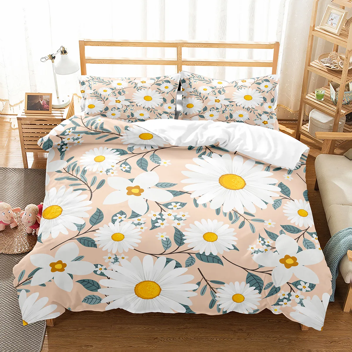 Daisy duvet täckning set vita blommiga mönster sängkläder set romantiska blad och blomma täcker täcker full drottning för flicka kvinnor tonåring