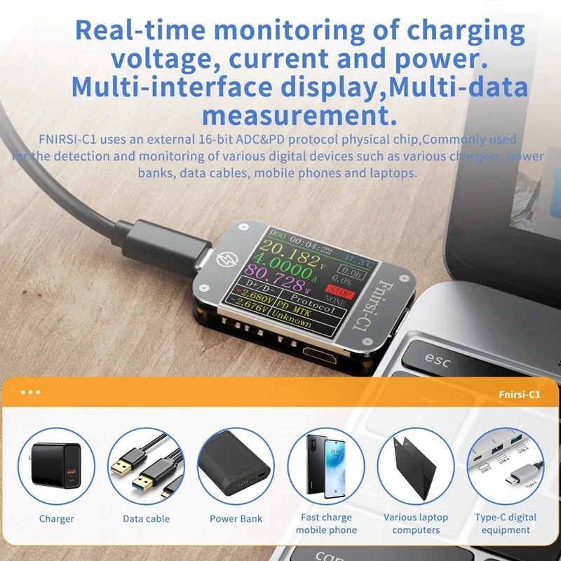 FNIRSI-C1 TIPO C TIGADOR DE PD TIMENTO USB-C Voltímetro de voltímetro Fast Charging Protocol Test Power Bank Tester USB com PC Software 4 ~ 24V