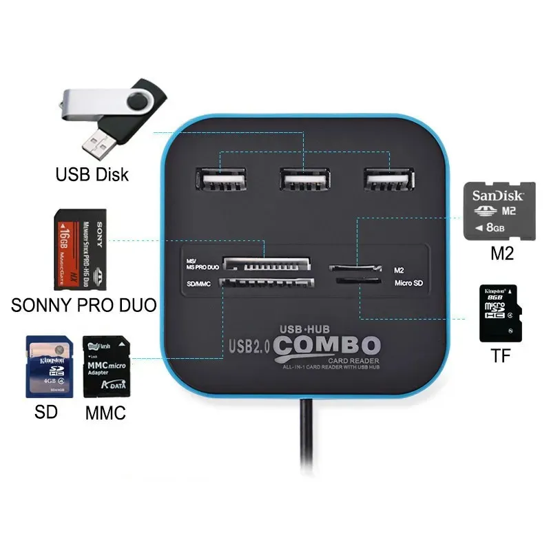 USB HUB Combo All in One USB 2.0 Micro SD High Speed Card Reader 3 -порта