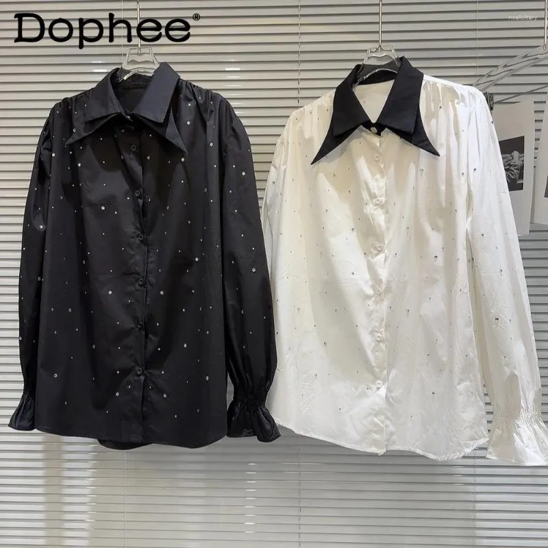 Women's Blouses 2024 Spring Niche Double-Layer Collar Rhinestone Long Sleeve Loose Shirt For Women Casual Street Blouse Buttons Top