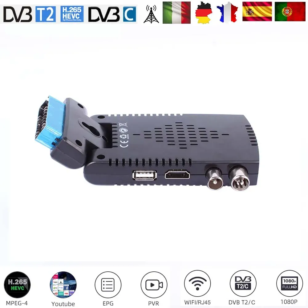 Finder HD Digital H.265 DVBT2 Tuner de TV DVBC para Itália/Alemanha/França/Espanha Europa Receptor TV terrestre Apoio ao YouTube Epg PVR