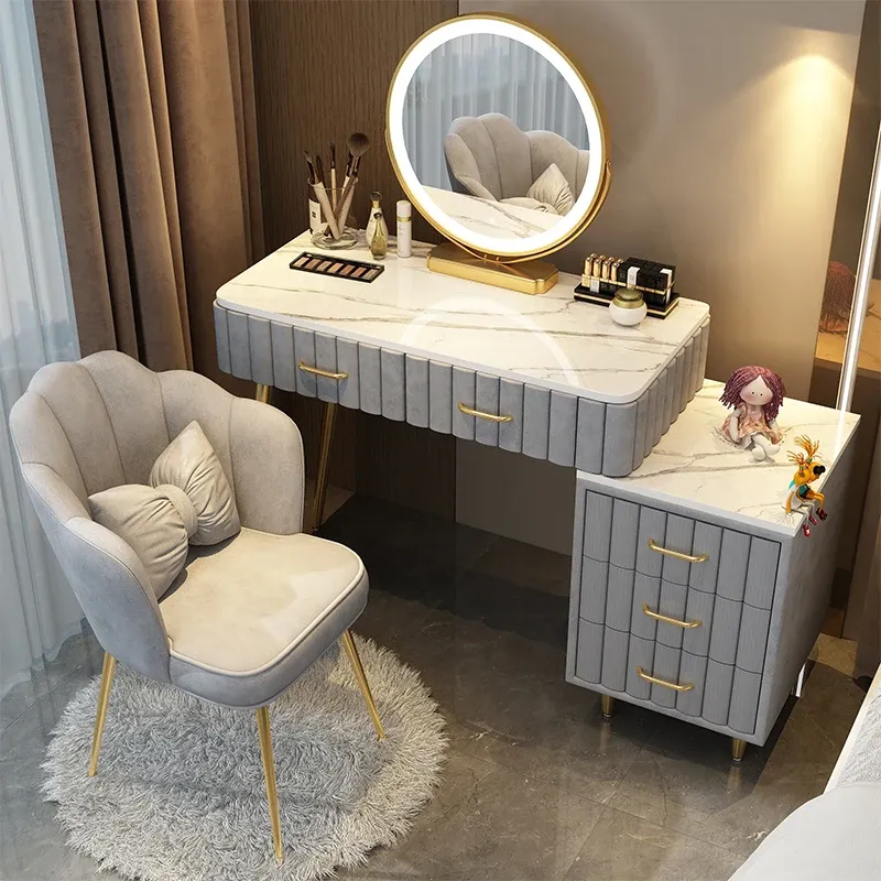Nordic Style Mirror Dressing Table Set Vanity Table with Drawers Modern Bedroom Furniture White