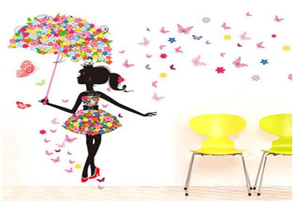 Fashion Modern Girl Butterfly Wall Sticker Creative Floral Stickers Decorative Mural Child Child Rooms Stiker Decals muraux DIY QT0851501303