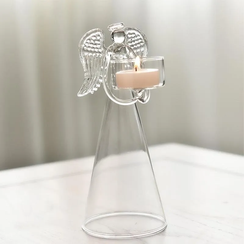 Glass Angel Candle Holder Anioł Figurina Przezroczysta posąg Anioł Tealight Candle Holder Prezenty Prezenty na pulpit Ozdoby stojakowe