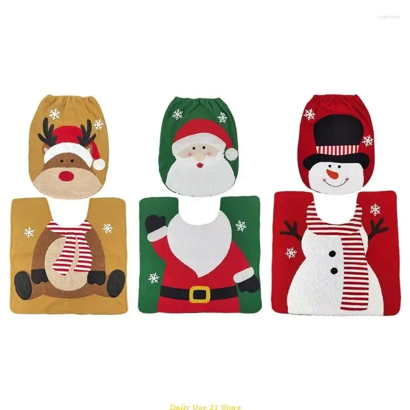 Toilet Seat Covers 2 Pieces Set Christmas Cover Santa Snowman Floor Mat