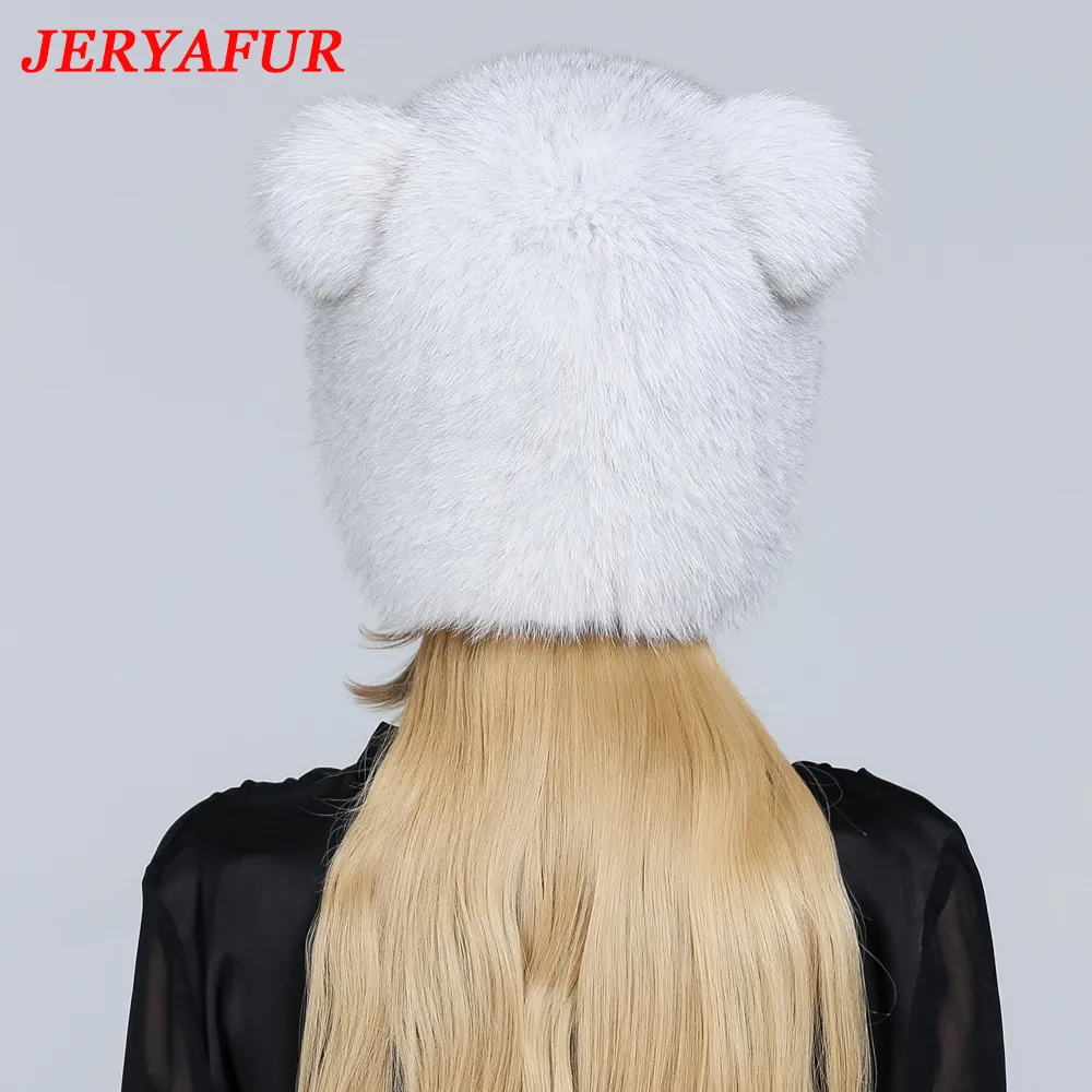 JINGERYA REAL FOX FORS CHAUTS RUSSIE FEMMES KNITTD CAP MARCHE DE haute qualité Couture à main les bonnets d'hiver Naturel Fur Snow Hat