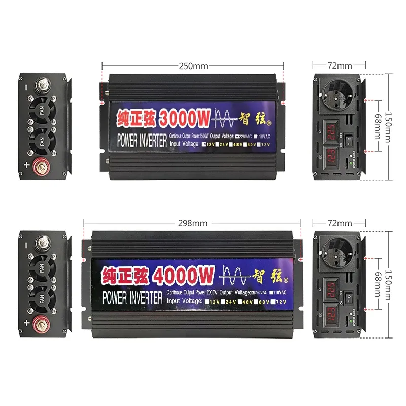 Onduleur d'onde sinusoïdale pure 3000W 4000W DC 12V 24V à AC 220V 50Hz 60Hz Convertisseur de banque portable Convertisseur Solar Car Transformateur