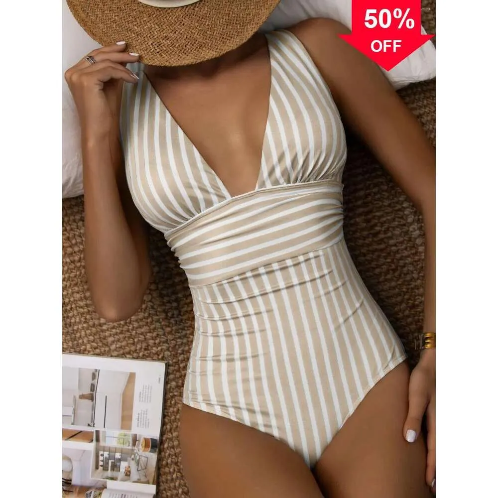 High Quality Womens Designer Swimwear Sexy Bikinis 2024 New Fashion Womens Swimwear Striped One Piece Swimsuit Vintage Women Vneck Bathing Swimming Suit F