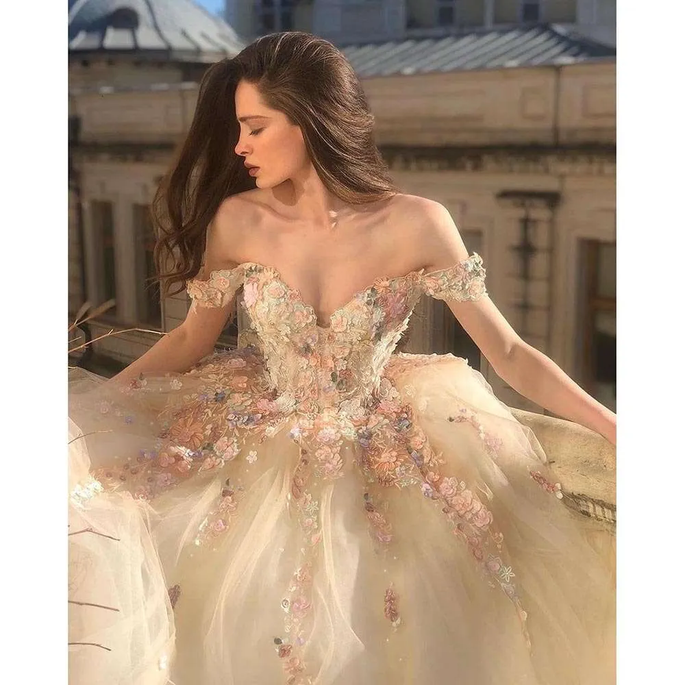 2023 Vestido de baile de baile Fairy Vestido 3D Flores Beading Lace Appliques Sweetheart Off the Shoulder Vestidos Formal Vestidos de Gala