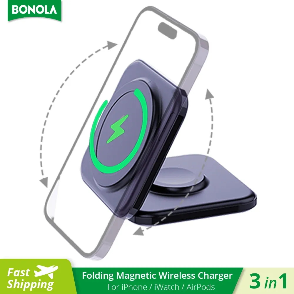 Caricabatterie Bonola 2 in 1 Caricatore wireless portatile Piegabile per iPhone 12/14/11/11 Charger wireless magnetico 15W per iWatch/AirPods