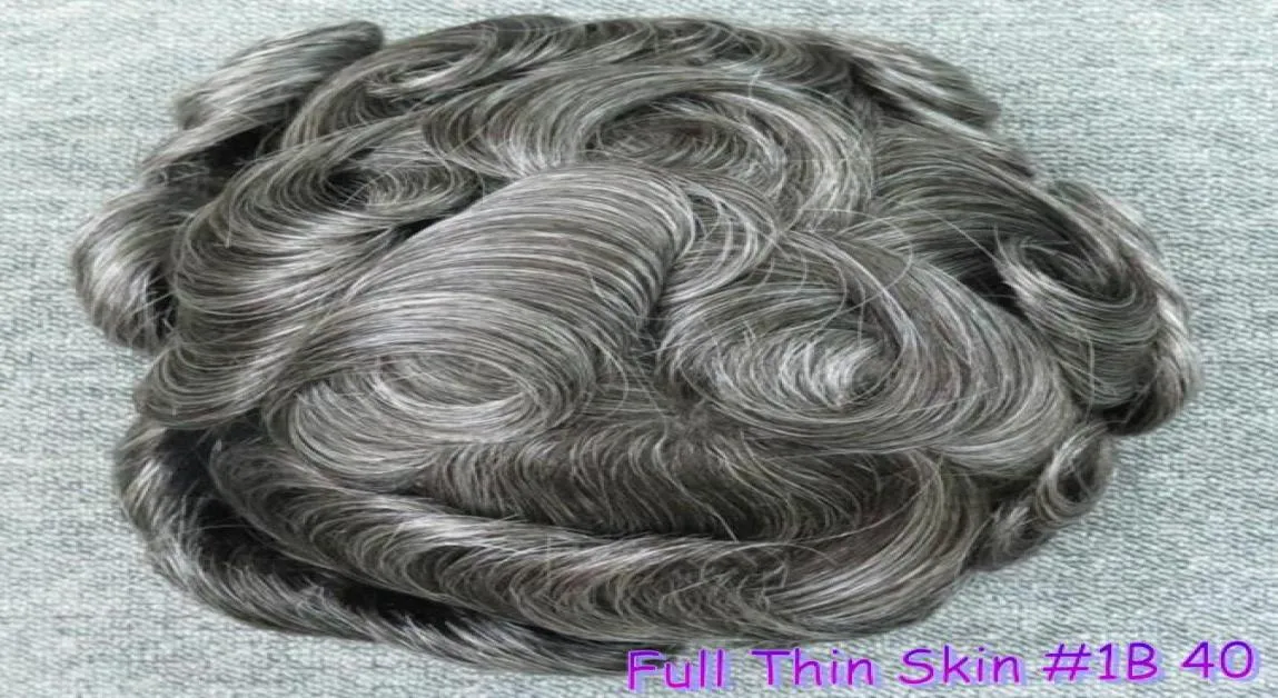 Human Hair Toupee Brazilain Remy 1b Mixed 40 Grey Kolor Full Pu Men Men Wymień włosy Pełne szwajcarskie koronki 7837779