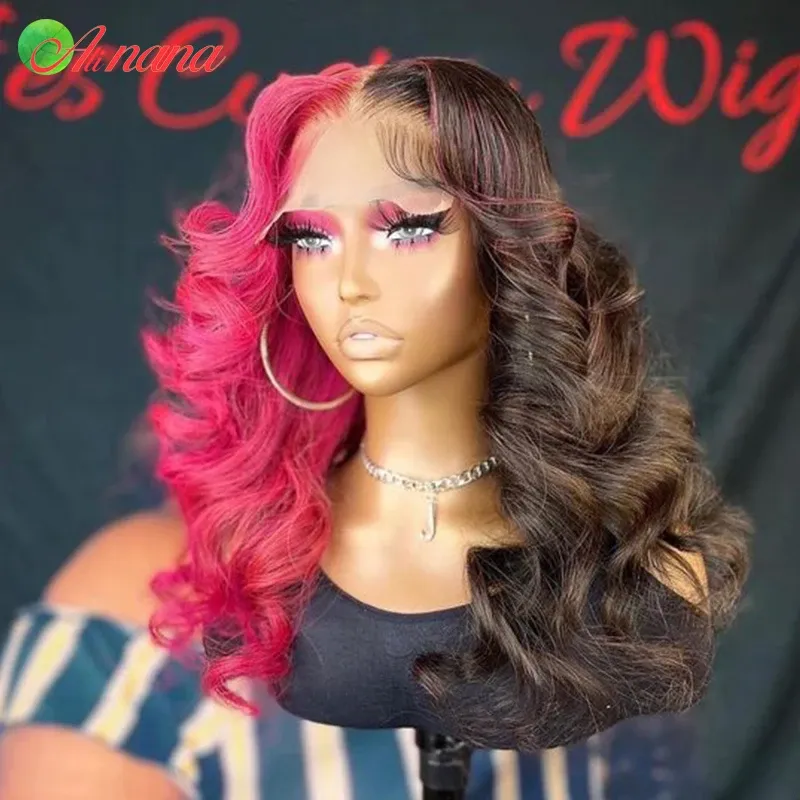 Half Pink Half Red Body Wave Lace Front Wigs For Women Pre-Plucked Red Pink Lace Frontal Human Hair Wigs 6x6 Lace Closure Wig