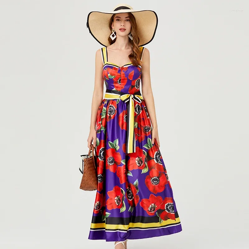 Abiti casual Runway Runway Summer Flower Stamped Vacanze Maxi Dress Abito Boho Domenne Spazzatura Spazzatura Sexy Wortless Lace Up Belt Welf Waist Long