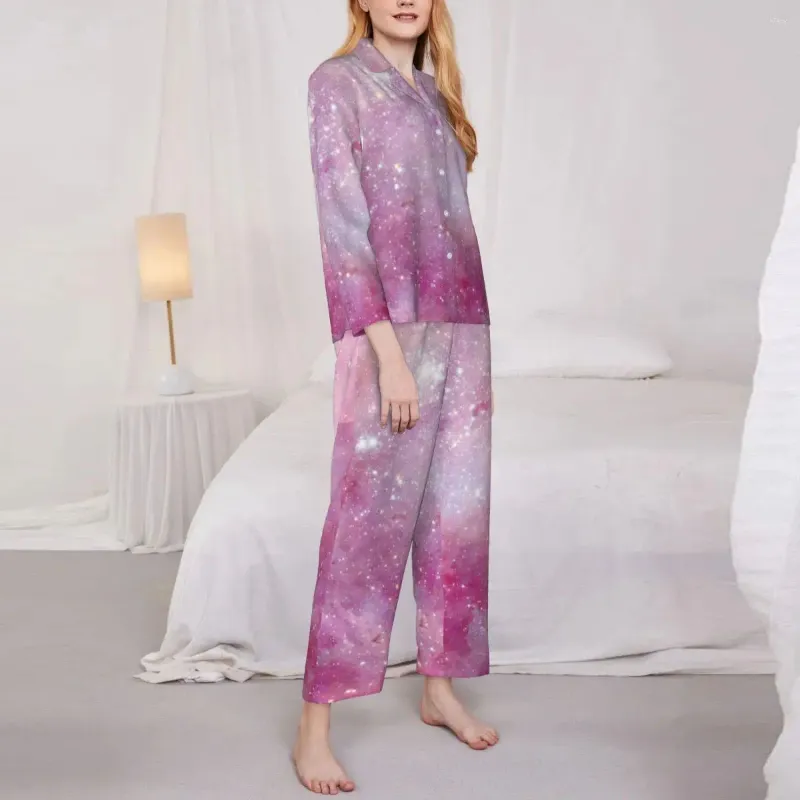 Accueil Vêtements Pyjamas Femmes Starry Sleep Sleep Sleepwear Stars Galaxy Two Piece Aesthetic Pyjama sets à manches longues belles combinaisons surdimensionnées