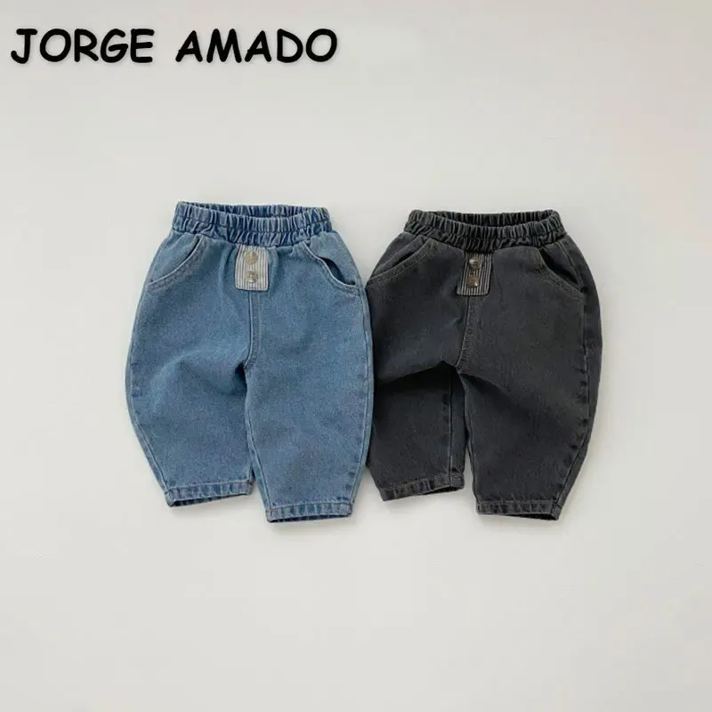 Корейский стиль Новые осенние девочки -мальчики брюки синие черные эластичные джинсовые брюки повседневные брюки новорожденные E2800