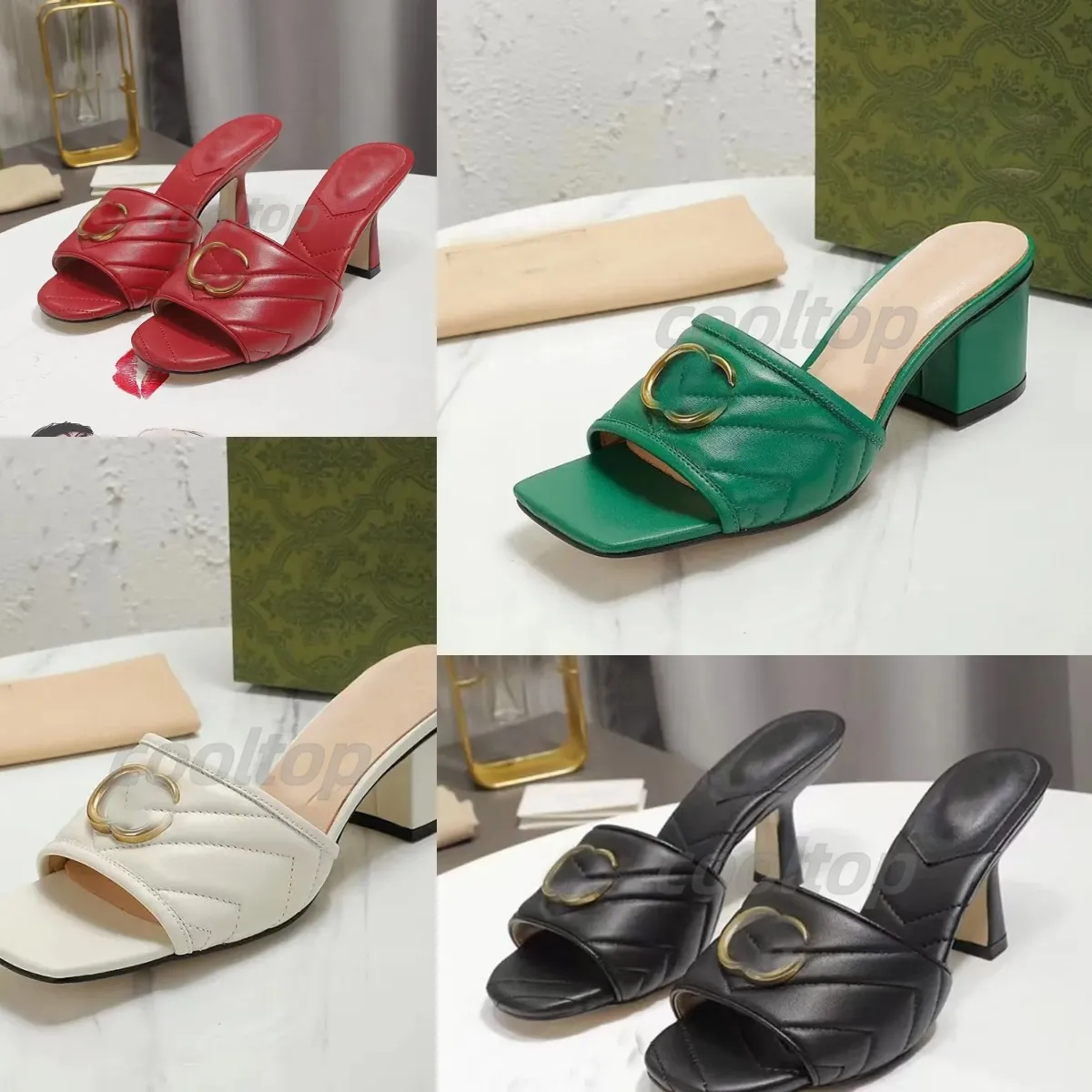 2024 Brand de luxe Talons hauts pour femmes Sandales Open Toe Decoration Metal Cowhide Outdoor Slippers