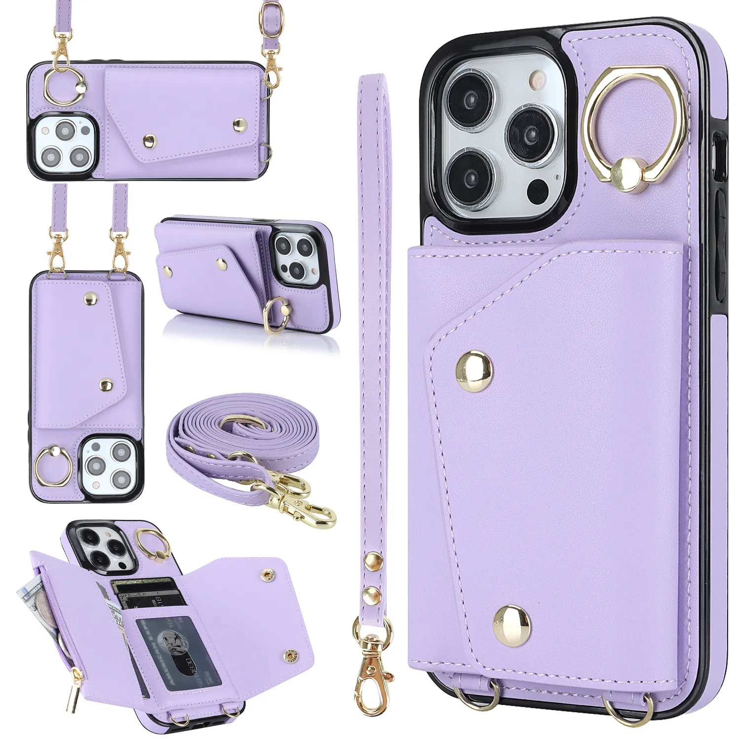 Designer iPhone Case Phone Case Crossbody Ring Wallet Card Holder Purple Leather Protective Case Insert Card för iPhone 15 Pro Max Apple 14 iPhone 13 iPhone 12 Apple