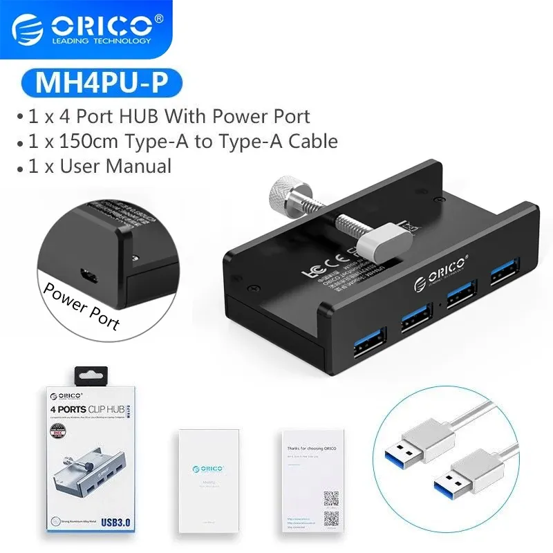 Hubs Orico MH4PU Aluminium 4 USB -Hub 3.0 mit Stromversorgungsversorgung Super hohe Geschwindigkeitserweiterung 5Gbit / s Datenübertragung für Laptop geeignet