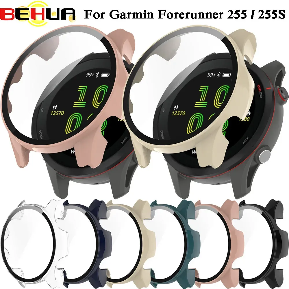 Behua för Garmin Forerunner 255 255S Smartwatch Case PC med härdat glasskärmskydd Fullt täckmantelfodral