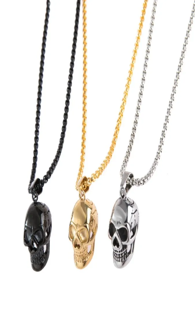 Fashion Punk Goth Stainless Steel Necklace Skull Head Pendant For Men Accessories Gothic Jewelry With 3MM Chain3676328