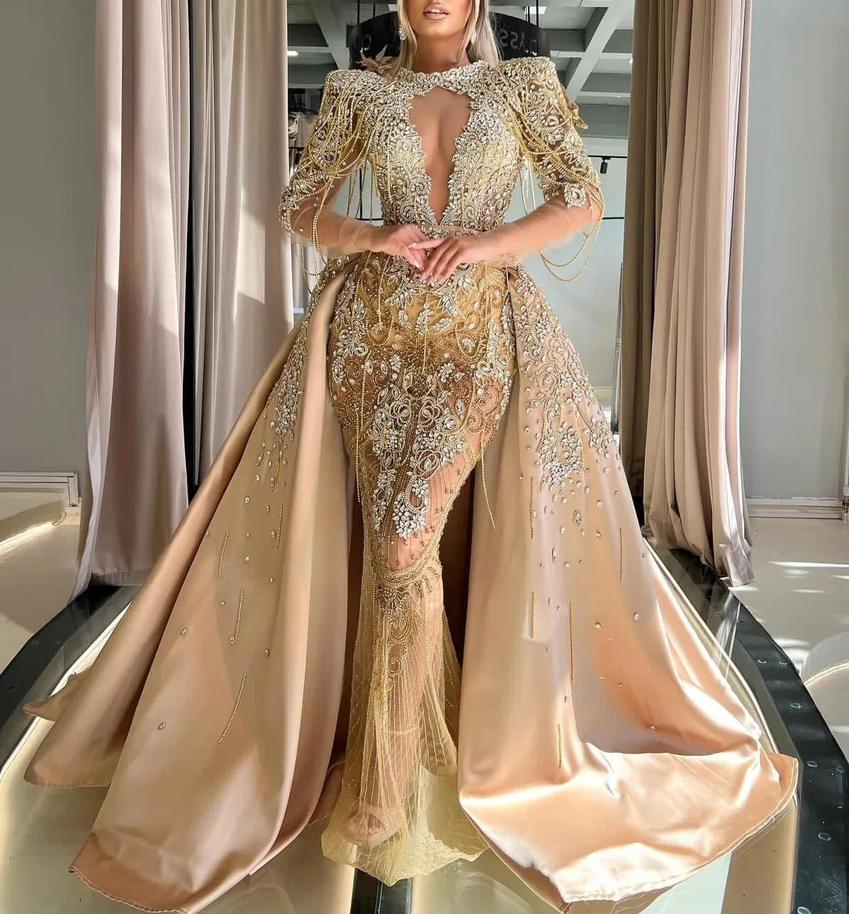 2024 ASO EBI ARABIAC GOLD PROM DROSE BEADED CRYSTALS SATIIN ENVISNGE FORMAL PARTY SECOND RECESTER BIRTHDAY ENGAINGE GOUNSS ROBE DE SOIREE ZJ240