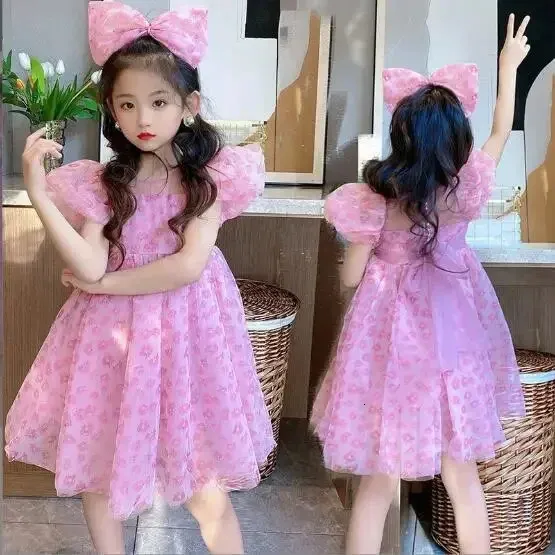 2024 Summer Children Girls Princess Dress Bow Leopard Pink Dress Fashionable with Headband 240411