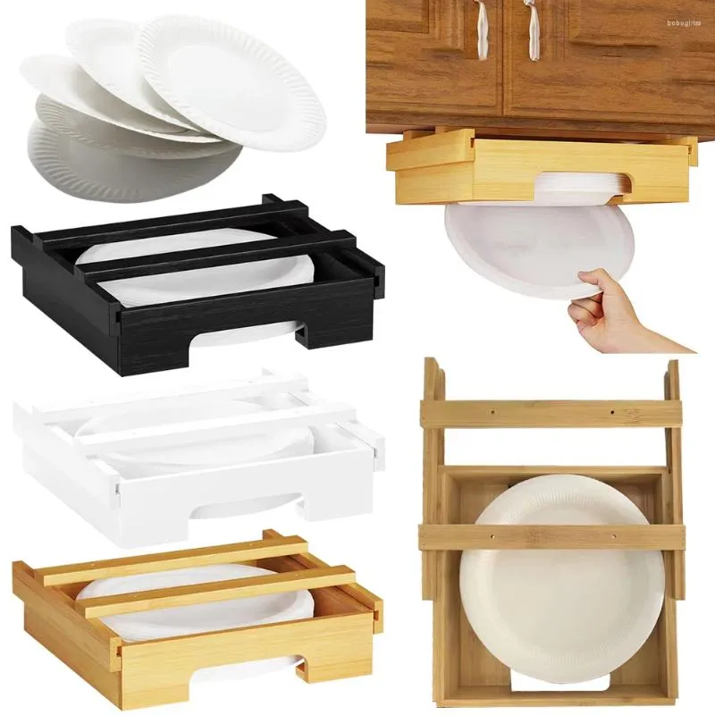 Kitchen Storage 10-Inch Bamboo Under Cabinet Plates Holder Paper Tray Rack Disposable Dispenser For Vertical Plate