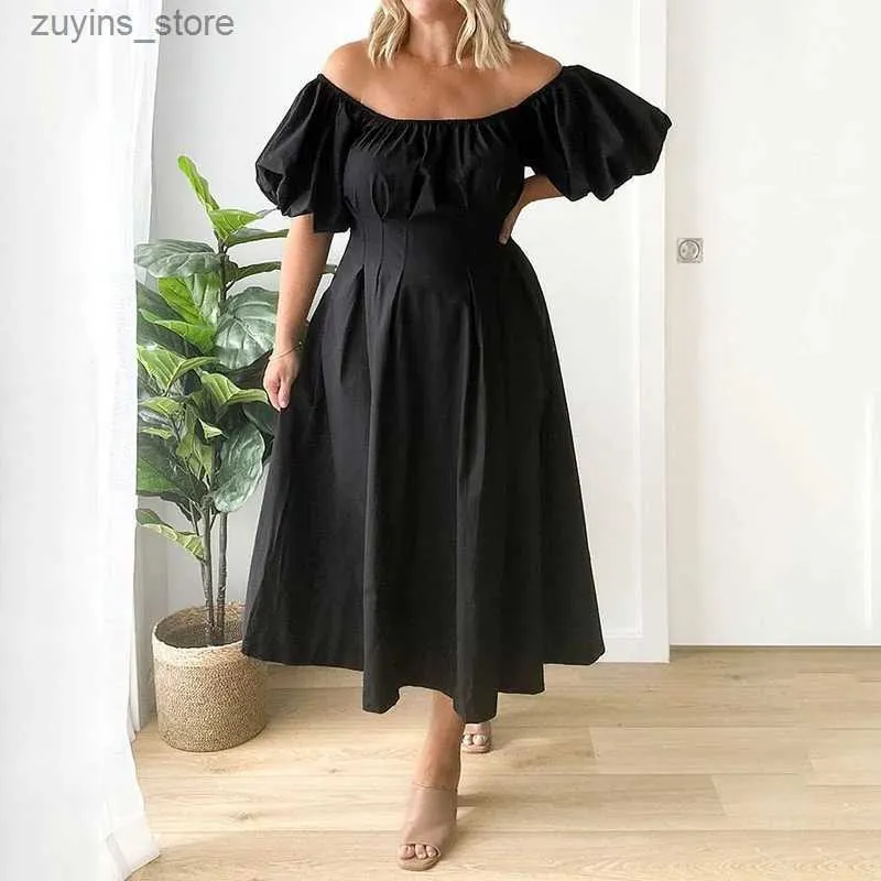 Grundläggande avslappnade klänningar KUCLUT KVINNOR PLUS STORLEK KLÄNNING Simple Solid Puff Kort ärm Strapless Off Shoulder Nipped Midje Slim Office Oversize Dresses L49