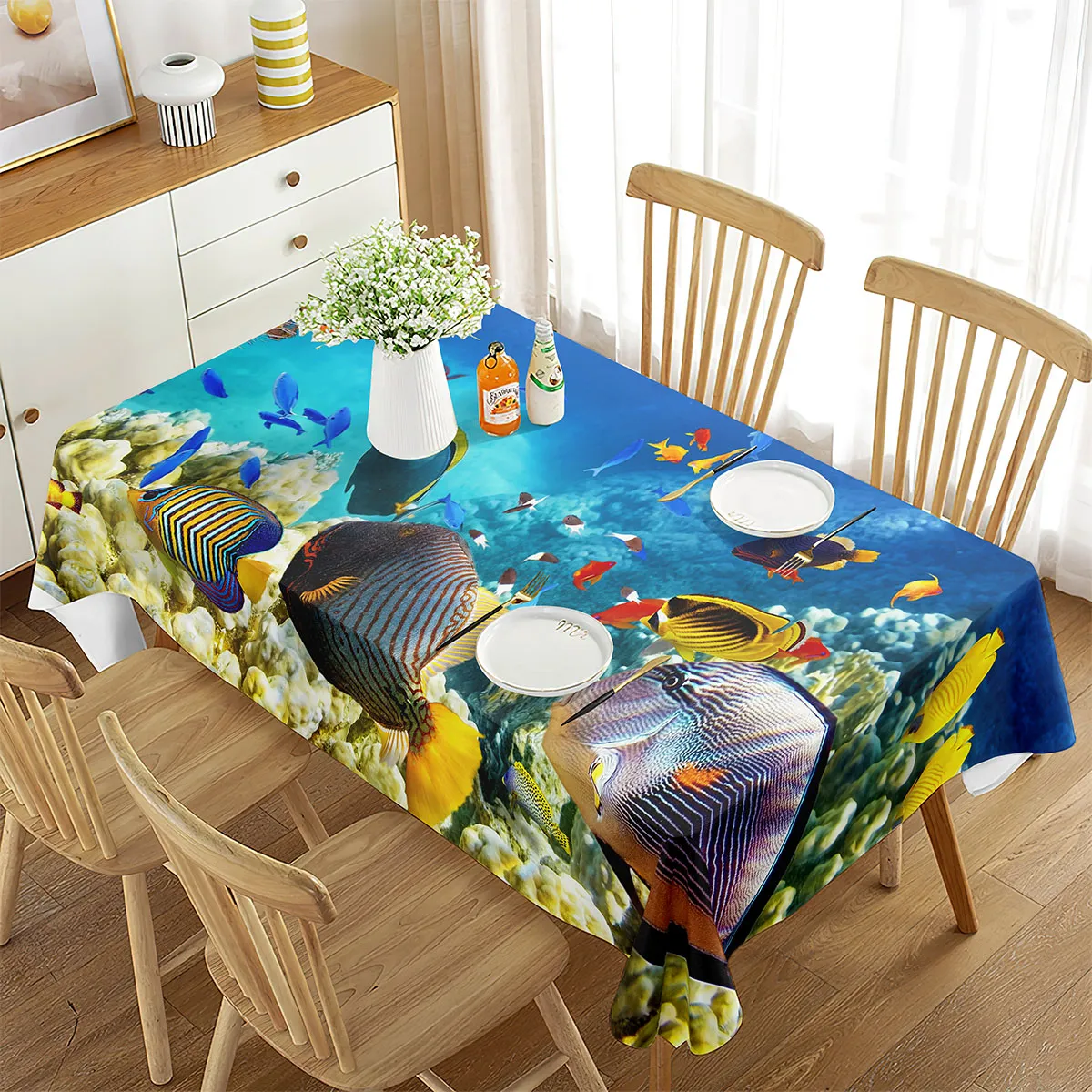 Underwater World Tablecloths Shark Fish Turtle Coral Decor Table Cover for Kid Boys Sealife Table Cloth for Dining Kitchen Home