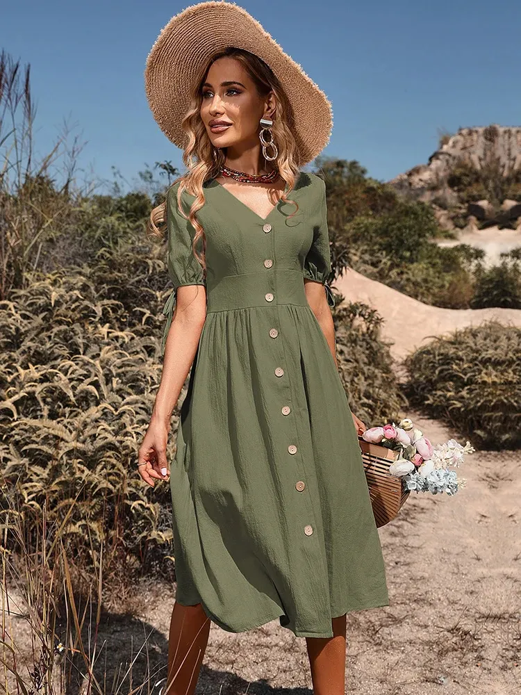 knee length dresses for ladies Cotton Blush Pink Floral Midi Sundress with Pockets– PromGirl main image 0