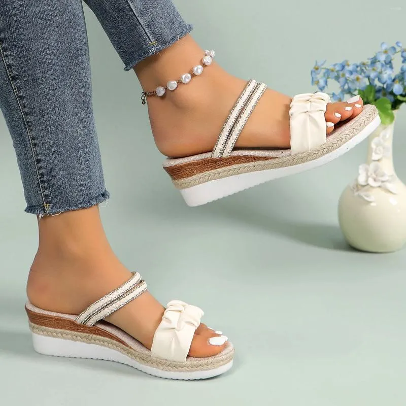 Slippers Summer Women Wedge Sandals 2024 Casual Pure Colour Soft Leather Woven Straw Bottom Thick Slope Heel
