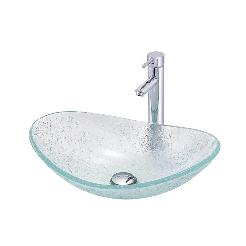 540*360*160mm Cam Lavabo Banyo Washbasin Şeffaf Mat Kristal Oval Tezgah Sanat Havzası Balkon El Yıkama Havuzu Musluk