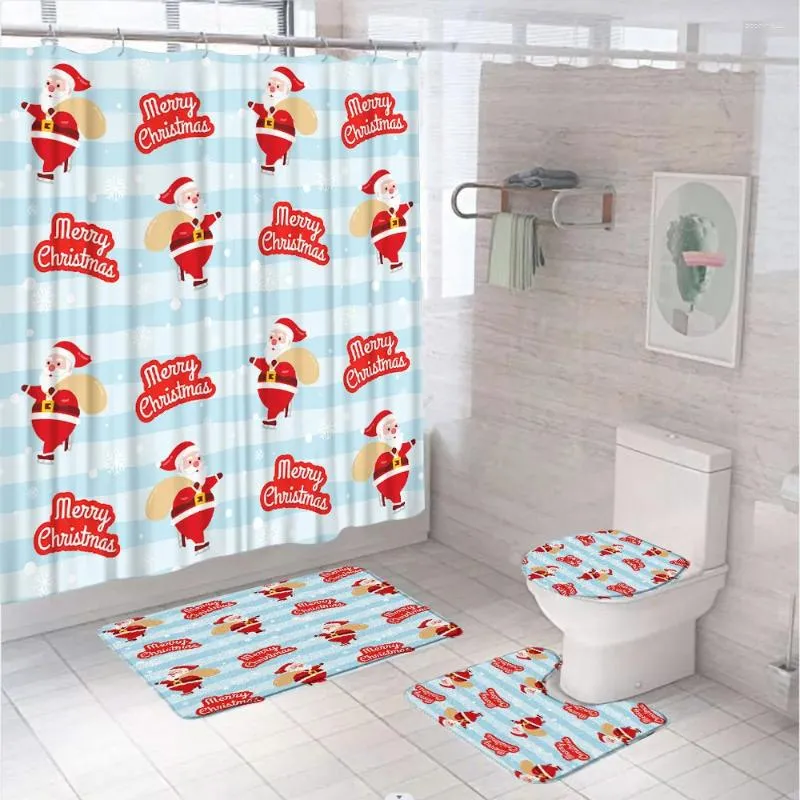 Shower Curtains Cartoon Santa Claus Bathroom Set Curtain Non-Slip Rug Bath Mat Lid Toilet Cover Christmas Xmas Gift Home Bathtub