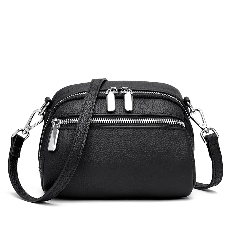 Oxskin Leather Womens Crossbody Handbag, Double Zipper