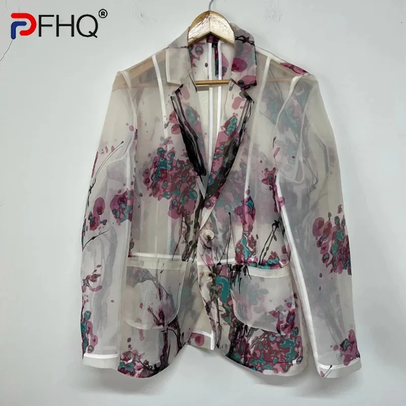 PFHQ Mens Elegant Fresh Plum Blossom Printing Suit Coat Perspective Organza Designer China-Chic Autumn Blazers Coat 21Z2118 240329
