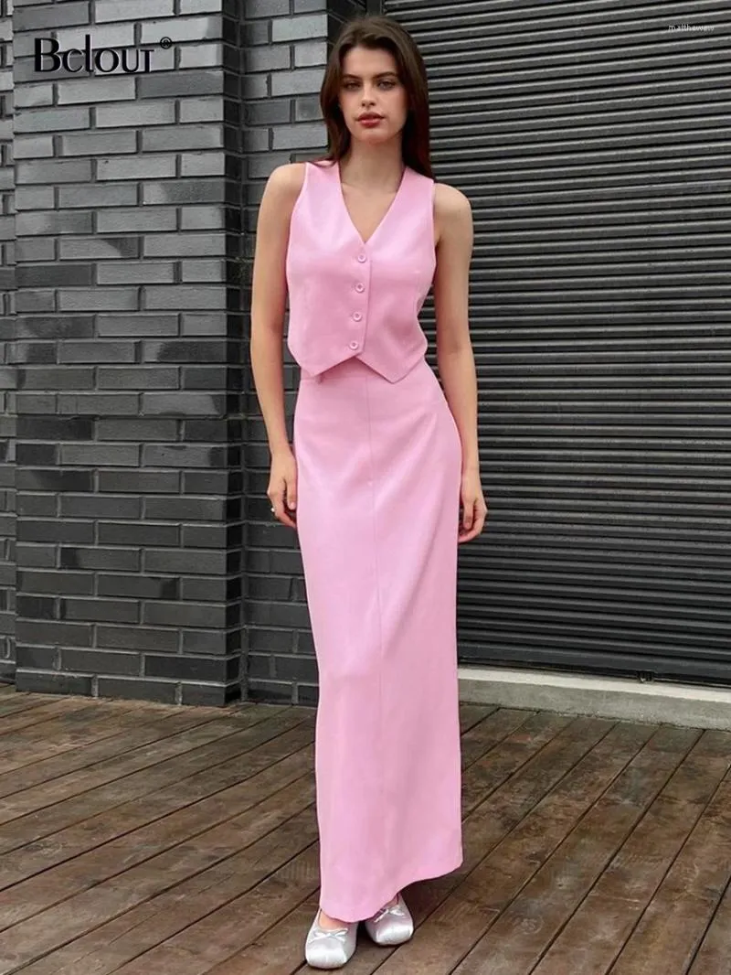 Vestidos de trabalho bclout elegante rosa longas saias conjuntos 2 peças mulheres moda vide-deco