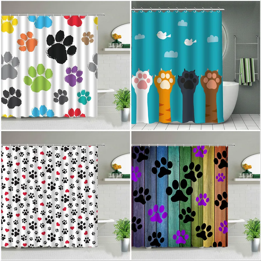 Cortinas de chuveiro impermeabilizadas com pata de cachorro de cachorro Animal poliéster Kids Home Banheiro Banho de decoração com ganchos