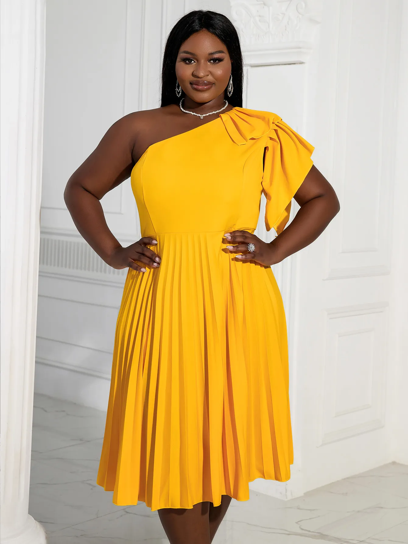Yellow One Shoulder Ruffled High Waist One Shoulder party dress for Women - Chic Pleated Midi Length Gown for Summer, Evening Cocktail, and 2023