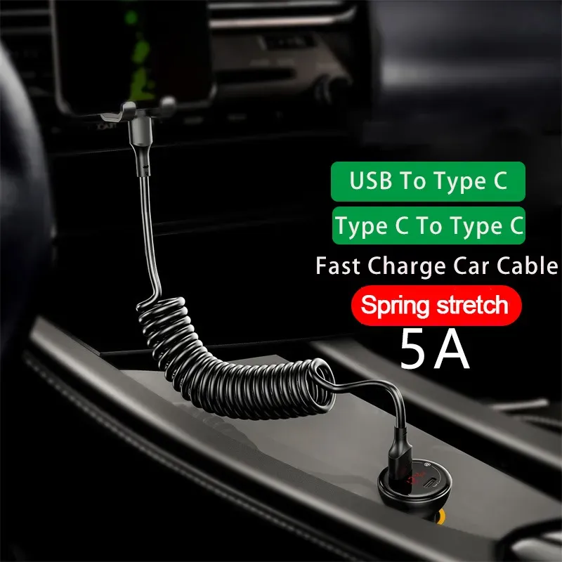 5A 66W Fast Charging USB Type C and Micro USB Spring Car Cable for ...