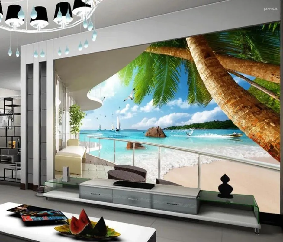 Обои обои обои 3D стереоскопические балконы морской пейзаж Пользовательский телевизор Стена гостиной диван