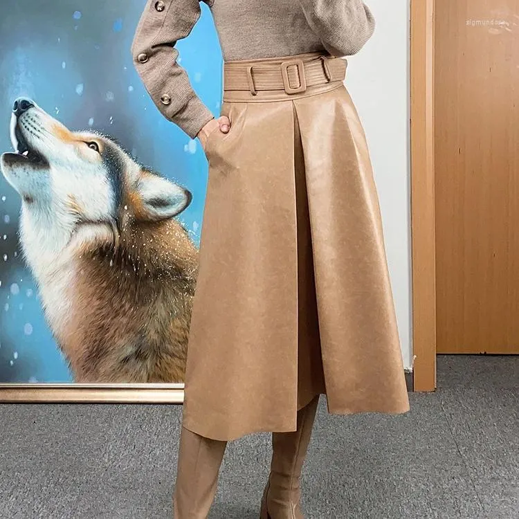 Skirts 2024 Autumn And Winter High Waist Belt Snowflake Pattern Genuine Leather Sheepskin Casual Large Swing Long Half Skirt Leathe
