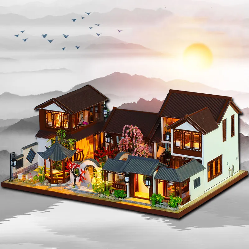 DIY Wooden Dollhouse Miniature Furniture With LED Light Kit Chinese Villa Doll Houses Assemble Toy for Children Girl Gifts Casa