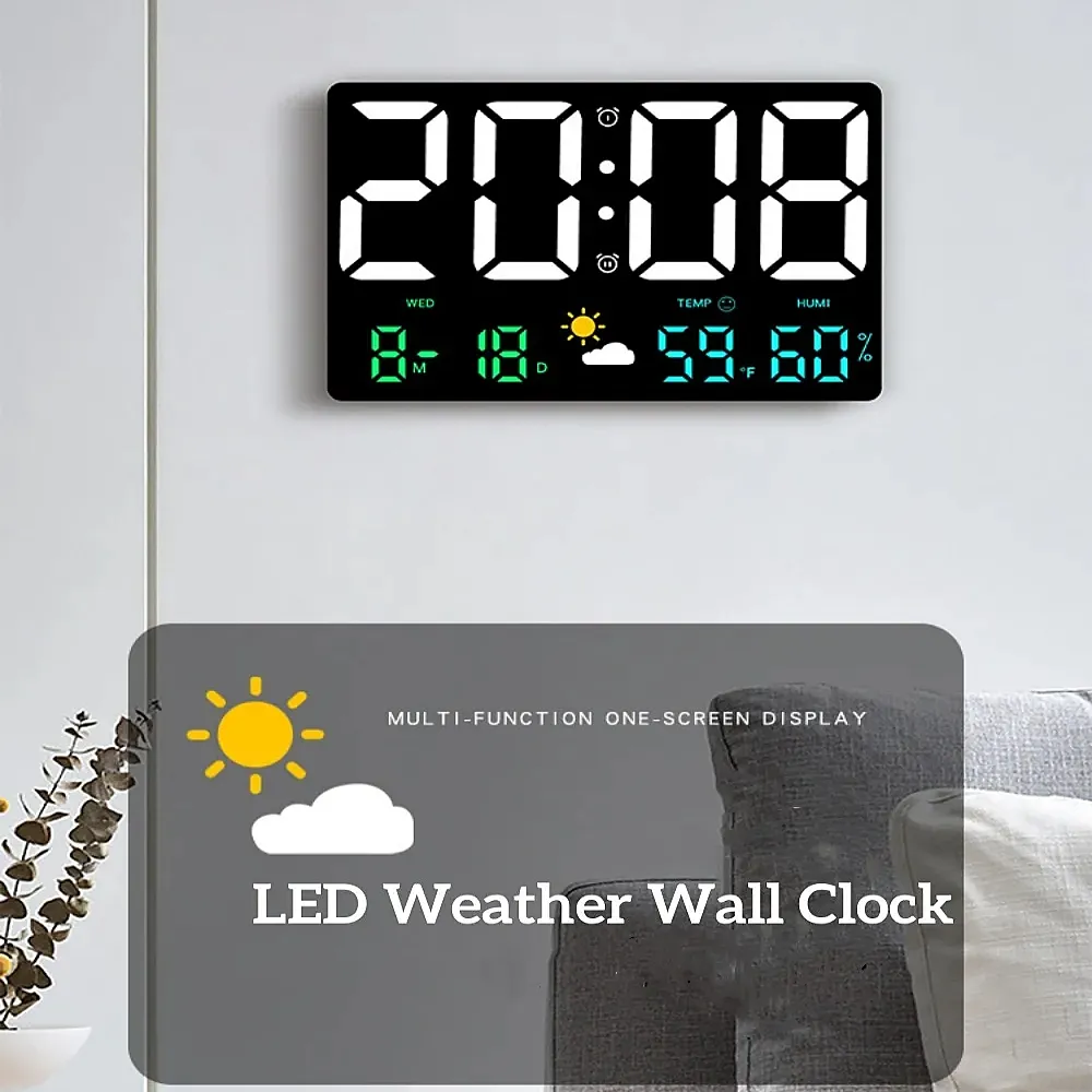 25*16*3cm Grande relógio de parede digital Data de umidade automática Tabela de tempo de escurecimento Relógio 12/24H LED despertador de despertador