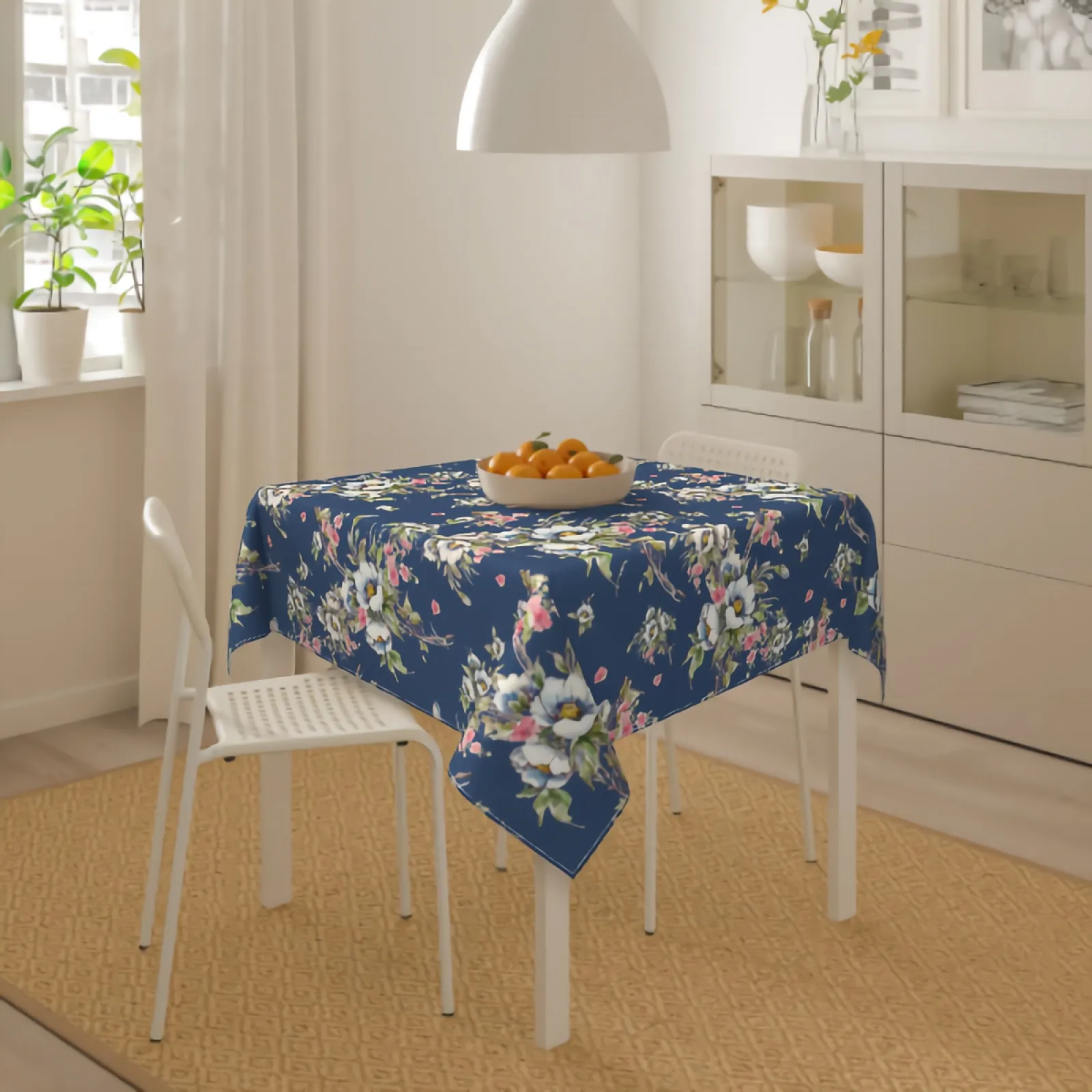 Couche de fleurs blanches table de table bleu floral