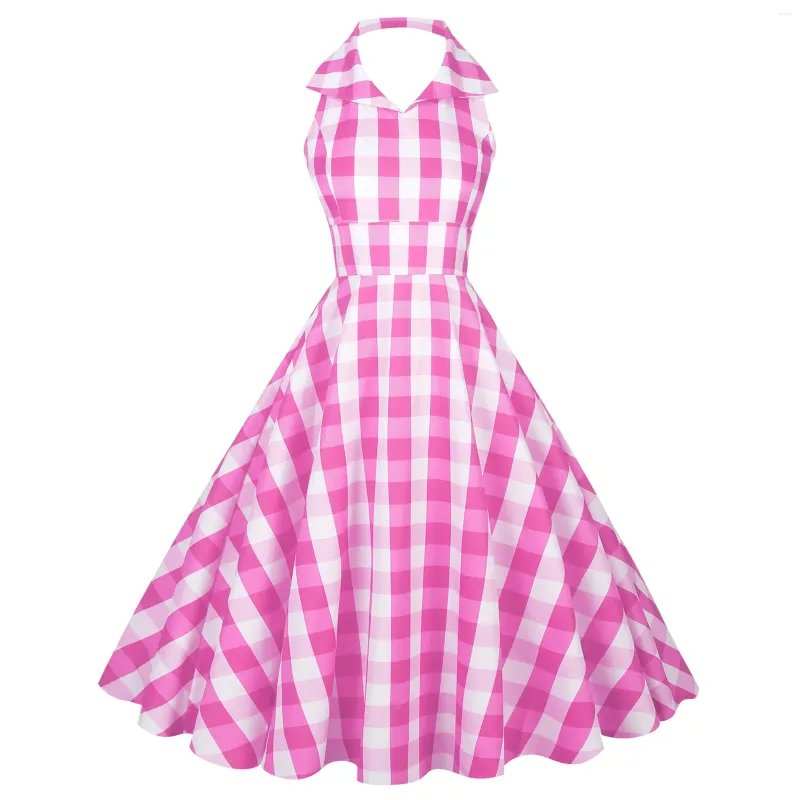 Sukienki zwyczajne vintage różowy druk w kratę damska letnia sukienka 2024 elegancka szlafrok kołnierza huśtawka imprezowa sundress