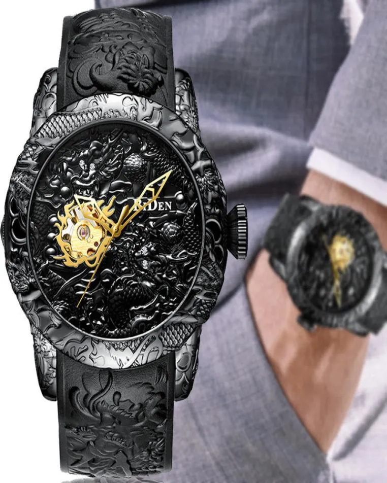 Luxury Black Black 3D Dragon incisione Dragon Automatic Mechanical Watchs Wateroproof Sports for Men Orologio da polso che si snowining Orologio maschile Y194269977