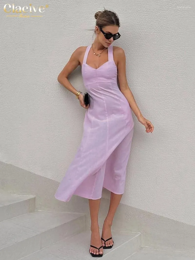 Casual Dresses Clacive Sexy Slim Pink Linen Women'S Dress 2024 Bodycon Sleeveless Midi Elegant Classic Backless Solid Female